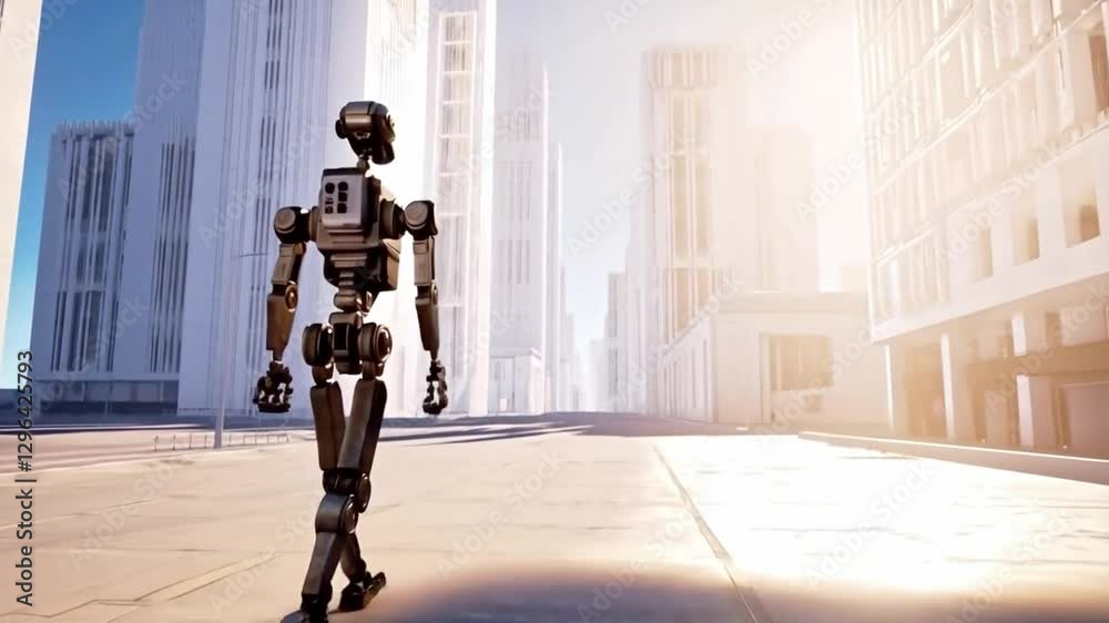 Poster A lone robot strides through an empty, modern city, highlighting the contrast between advanced technology and the silence of its surroundings.