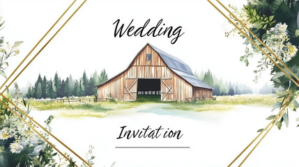 Elegant barn wedding invitation with watercolor design and geometric gold accents and copy space