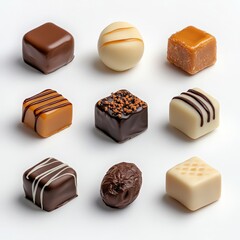 An assortment of gourmet chocolates arranged on a white surface