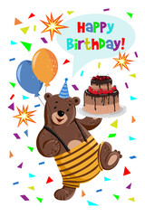 Birthday card with Cute cartoon bear with balloons and cake. Vector illustration