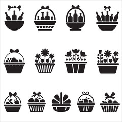 set of vector shopping basket, gift basket silhouette	
