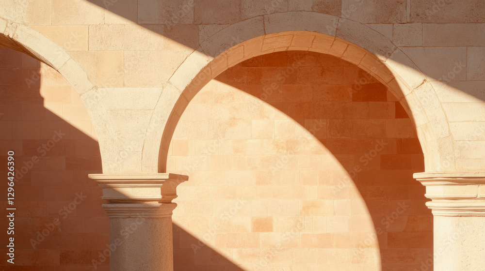 Poster Sunlit stone archway with aged texture for classic architecture design