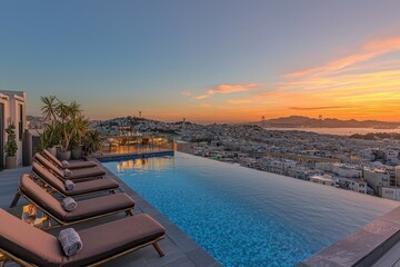 Fototapeta premium A rooftop infinity pool with stylish lounge chairs, a cocktail bar, and a panoramic view of the city at sunset.