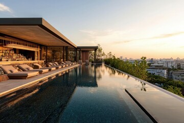 A rooftop infinity pool with stylish lounge chairs, a cocktail bar, and a panoramic view of the city at sunset.