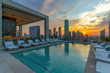 Fototapeta premium A rooftop infinity pool with stylish lounge chairs, a cocktail bar, and a panoramic view of the city at sunset.