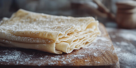 Rolled dough on wooden board with flour