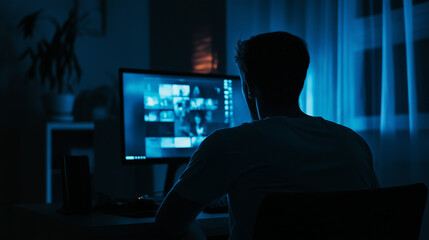Fototapeta premium Person sitting at desk, focused on computer screen in dark room