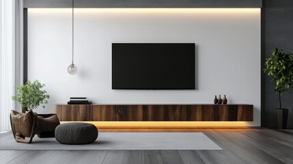 Chic floating TV unit with an elegant dark wood texture, LED strip lighting, and a clean white wall contrast. 3D rendering