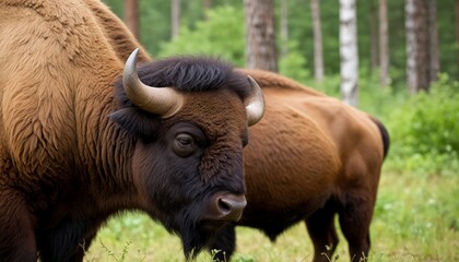 Large male of bison in the forest