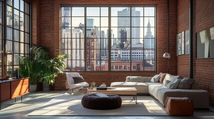 Chic modern loft with exposed brick, large windows, stylish decor, and an incredible urban skyline at sunrise. 3D rendering