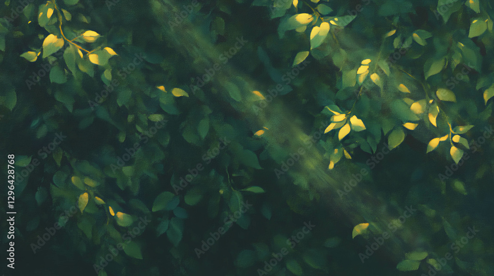Poster sunlight filtering through lush green leaves creating a serene natural texture