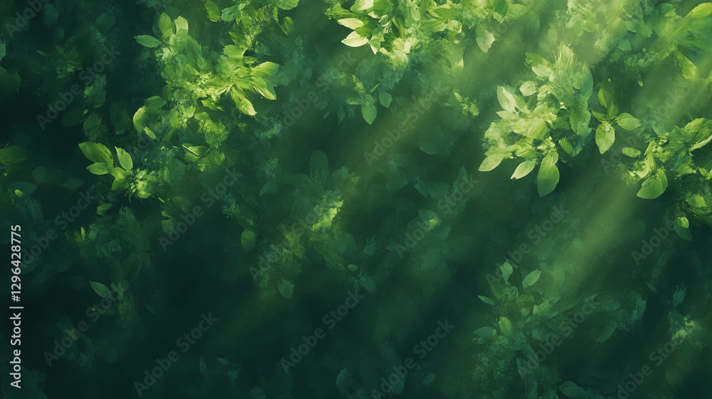 Poster Sunlight filtering through lush forest canopy for nature background design