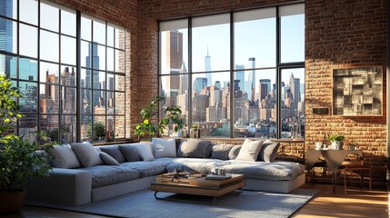 Chic modern loft with exposed brick, large windows, stylish decor, and an incredible urban skyline at sunrise. 3D rendering