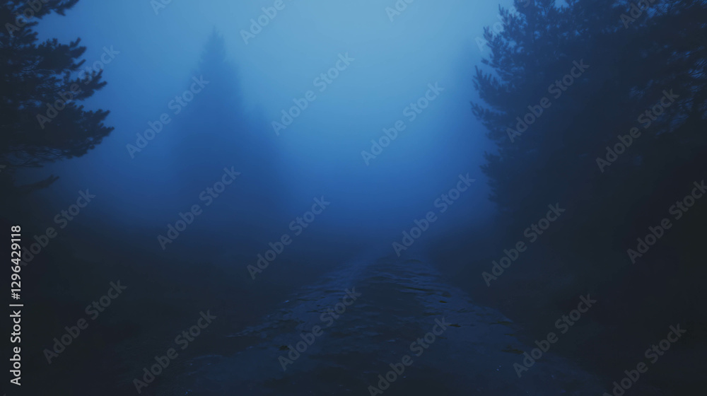Poster mysterious forest pathway with swirling fog and soft eerie light atmosphere