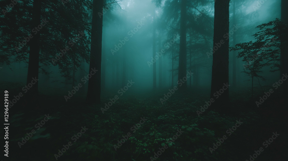 Poster mysterious forest with swirling fog and soft eerie light