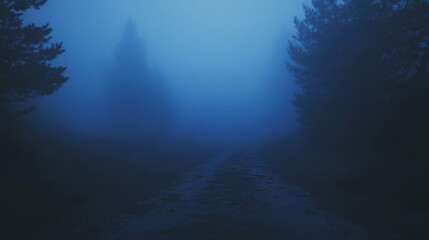 Fototapeta premium Mysterious forest pathway with swirling fog and soft eerie light atmosphere