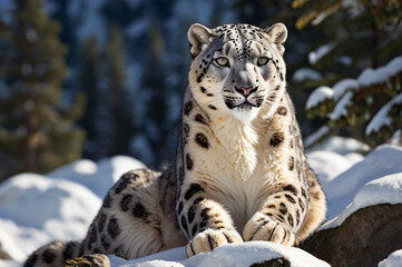 Snow leopard resting on snowy rock in winter forest.