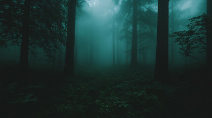 Obraz premium Mysterious forest with swirling fog and soft eerie light