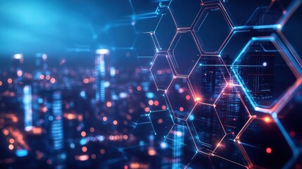 A futuristic cityscape of hexagons, symbolizing innovation and advancement, forms the backdrop for a healthcare concept, promising breakthroughs in medical practices and scientific discoveries.