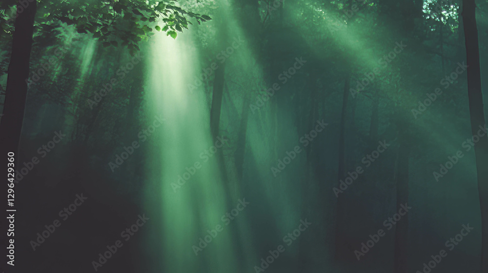 Poster enchanted forest with swirling mist and soft light for nature tranquility design