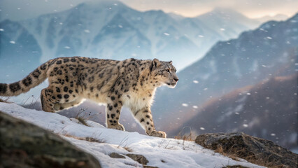 Obraz premium Majestic snow leopard walking on snowy terrain with mountains in background