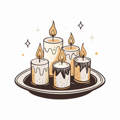 Decorative candles on tray with glowing flames, ambiance creation