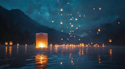 Floating Lanterns Illuminating the Night Sky
