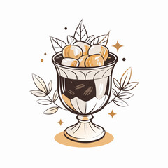 Elegant dessert cup filled with sweets and leaves, indulgent treat