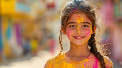 Fototapeta premium A young girl with bright eyes and a warm smile covered in vibrant Holi powder, standing against a colorful blurred background.