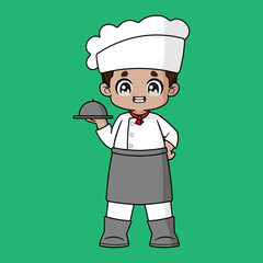 A stylish chibi boy chef is smiling while carrying a dish.