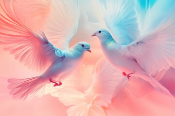 Fototapeta premium Two white doves flying together in a pastel colored sky at dawn. Generative AI