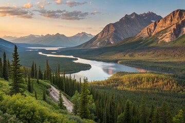 Fototapeta premium Breathtaking mountain landscape with serene river at sunset