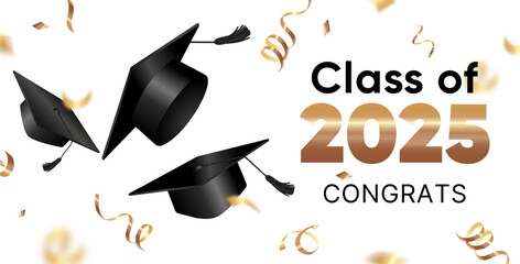 Class of 2025 graduation Festive design with black mortarboard caps tossed with gold confetti. Graduation concept banner, nnouncements, invitations, social media, and congratulatory cards.Vector