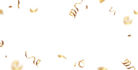 Elegant gold confetti and ribbon streamers scattered on a white background for event invitations, party decorations, greeting cards, banners, and digital designs.Vector illustration Party Decoration