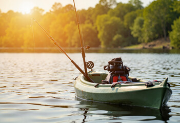 Fishing kayak on peaceful lake under warm afternoon sun, outdoor relaxation