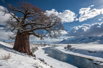 majestic tree stands by serene river, surrounded by snow and mountains
