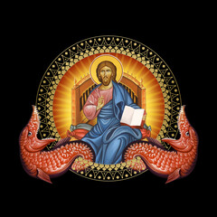 Obraz premium Jesus Christ the greatest Bishop sitting on throne. Religious decorative illustration in Byzantine style on black background