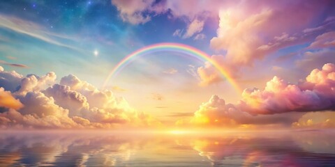 Fototapeta premium Serene Sunset Landscape with Vibrant Rainbow Arcing Over Calm Waters and Dreamlike Clouds