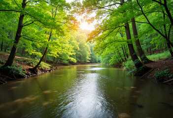 Obraz premium Serene river flowing through lush forest, nature's tranquility