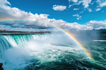 Fototapeta premium Rainbow forming over a majestic waterfall, mist rising from the powerful currents below, creating a magical nature spectacle