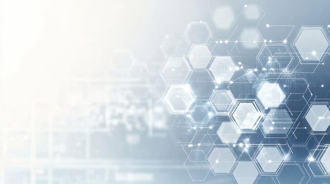A sterile and minimalist background, featuring an array of hexagonal shapes in varying shades of gray and white, evoking a sense of scientific precision and modern technology.