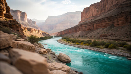 stunning river flows through canyon, surrounded by rocky cliffs and greenery