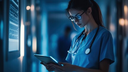 In the dimly lit corridors of a wellness hospital, a dedicated team of doctors and nurses, clad in their scrubs, collaborated late into the night on a futuristic digital tablet. Their focused
