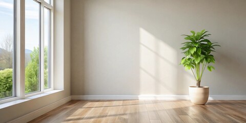 Obraz premium Serene Room Interior Design with a Lush Green Plant in a Simple Pot, Sunlit Hardwood Floor and Large Window Offering a View