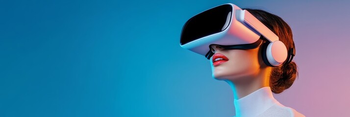 Woman Exploring Virtual Reality Headset - A woman uses a VR headset, symbolizing technology, innovation, immersion, exploration, and the future