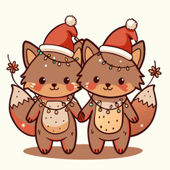 Fototapeta premium Cute cartoon fox twins celebrating Christmas, festive joy