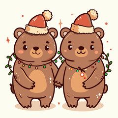 Cheerful cartoon bears wearing Santa hats, festive celebration