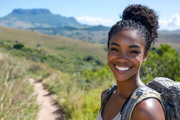 Smiling woman enjoys hiking in beautiful mountain landscape. Generative AI