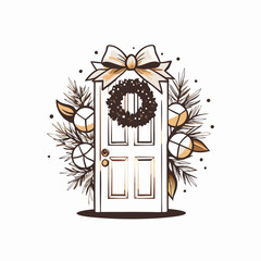 Decorative Christmas door with wreath and pine, festive celebration