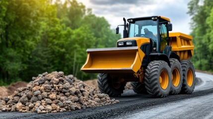 A front bucket digging machine is working on a snowy road in Moscow as cars drive by, illuminated by city lights at dusk.